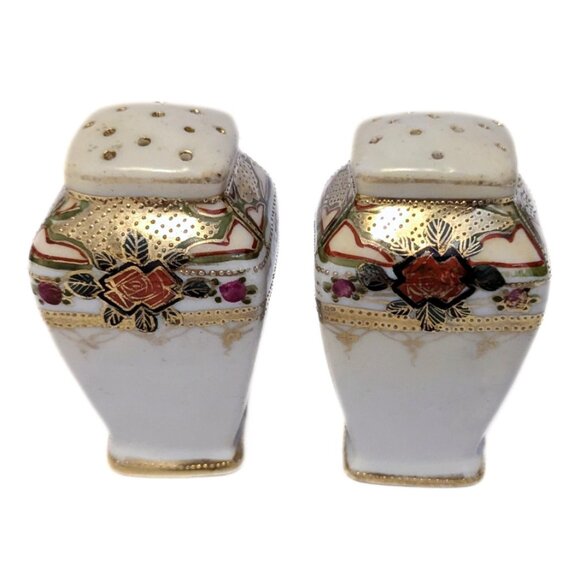 Vintage Hand Painted Salt & Pepper Shakers Gold Floral Square White Ceramic - Picture 1 of 9